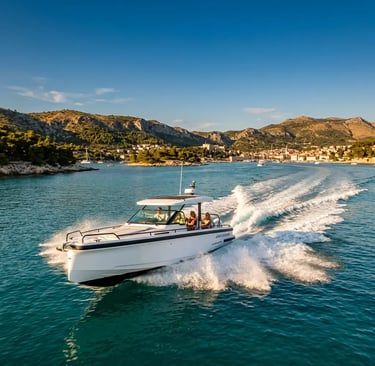White speedboat carving the Adriatic on one of the exclusive Split excursions