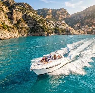 White speedboat cruising turquoise waters along the Amalfi Coast near Positano cliffs