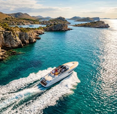 Aerial view of private speedboat cruising turquoise Adriatic waters near Split Croatia
