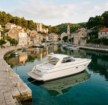 White Magnific Raptor speedboat moored in Maslinica stone harbor Šolta Croatia