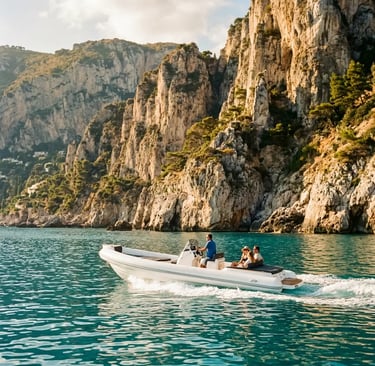 Small-group tender cruising turquoise water below Capri cliffs on the Sorrento boat tour