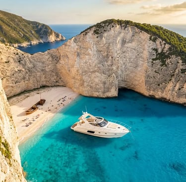 Private yacht anchored at Navagio Shipwreck Beach Zakynthos with iconic rusted ship on sand
