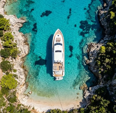 Aerial top-down view of luxury yacht anchored in secluded turquoise cove Zakynthos Greece