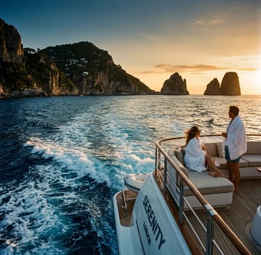 Couple on private yacht stern watching Faraglioni rocks at sunset off Capri coast