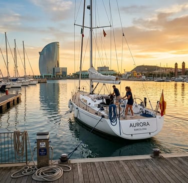 Sailing yacht at Marina Vela Barcelona with W Hotel at golden hour crew preparing departure