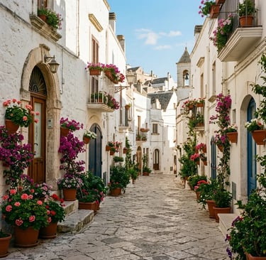 Narrow whitewashed alley with flower pots and blue doors in Locorotondo old town Puglia
