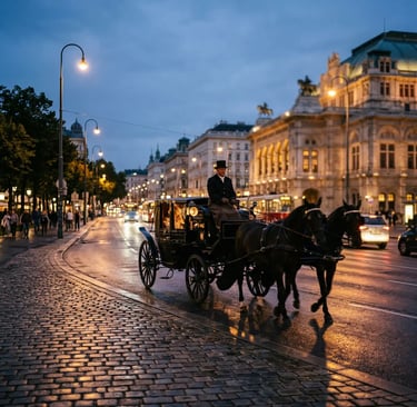 Horse-drawn carriage driven by coachman in top hat along wet Ringstrasse  Vienna State Opera illuminated in background