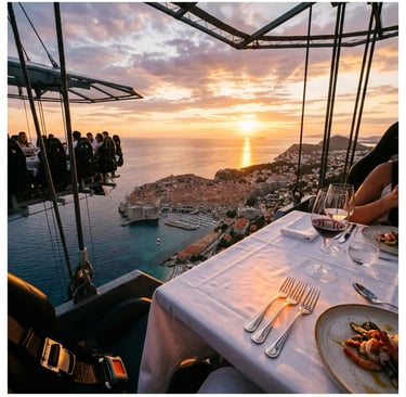 Guest view from Dinner in the Sky platform with plated dinner overlooking Dubrovnik Old Town sunset
