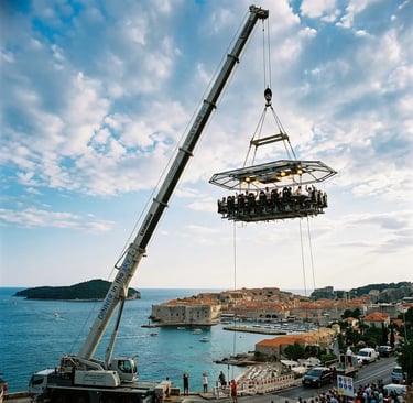Dinner in the Sky platform suspended by crane above Dubrovnik old town and Adriatic Sea