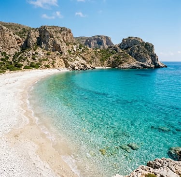 Untouched white beach and turquoise bay on Polyegos island tour from Milos full day boat trip