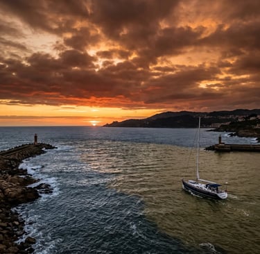  Luxury yacht entering the Atlantic Ocean from Douro River estuary at sunset in Porto