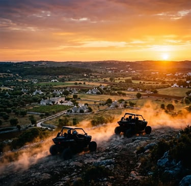 Two buggies cresting rocky hill above trulli valley at golden sunset