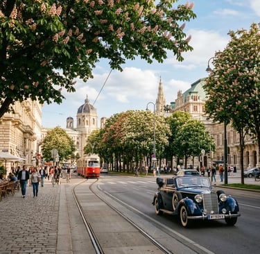 Classic vintage Oldtimer car driving along the Ringstraße with blooming chestnut trees