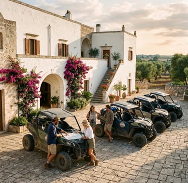 Group of travellers reviewing trail map beside buggies at whitewashed masseria
