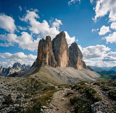 Wide view of Tre Cime di Lavaredo rock towers rising above alpine terrain on a sunny day