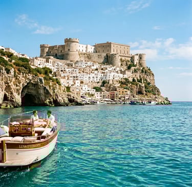 Couple on private wooden boat passing white hilltop castle and harbour, Castro Puglia
