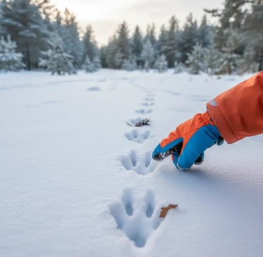 A hand in a blue and orange winter glove pointing at animal footprints in deep, fresh snow leading t