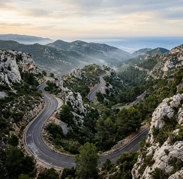 Winding switchback roads through the Garraf Massif limestone terrain