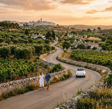 Couple walking a winding road through Valle d Itria vineyards and Trulli farmhouses