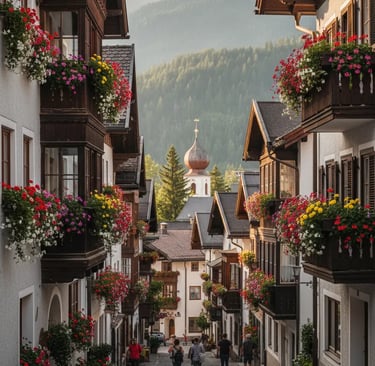 Charming traditional street in the Austrian Alps with floral balconies.