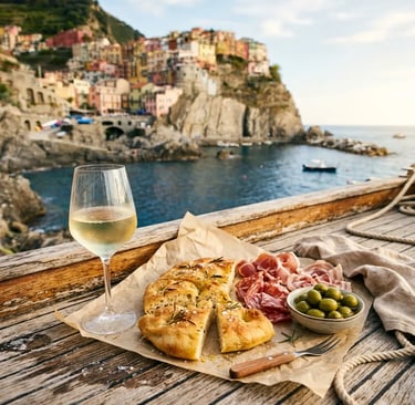 White wine glass with Ligurian focaccia and cured meats on boat deck near Cinque Terre