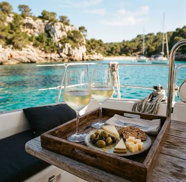Complimentary wine and Mediterranean snacks on private sailing trip in Menorca