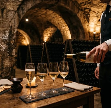 Sommelier pouring cava into tasting glasses inside a stone cellar at El Penedes winery