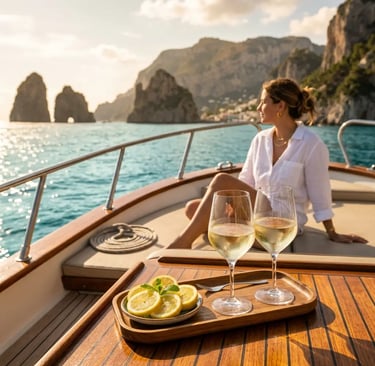 Chilled white wine and lemon tray on teak deck with Faraglioni view, Capri private boat tour