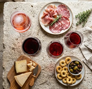 Four glasses of Primitivo wine with charcuterie, cheese, and taralli on a stone table in Bari