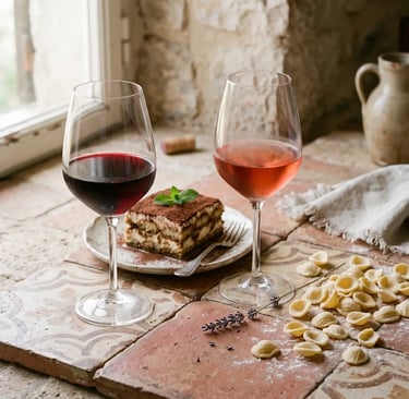 Puglian Primitivo and Negroamaro rosato wines paired with Tiramisu and orecchiette on terracotta