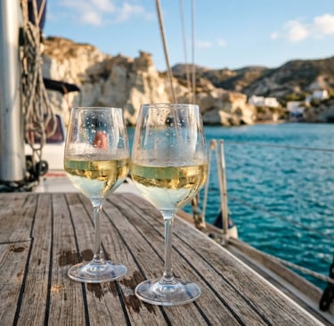 Two glasses of chilled white wine on catamaran deck with Milos cliffs and turquoise sea behind.