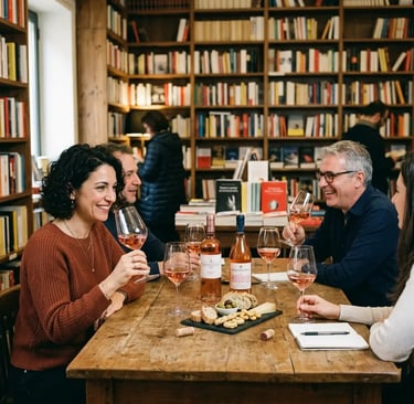 Guests enjoying Primitivo wine tasting with charcuterie at Liberrima bookstore Bari