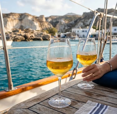 Two chilled white wine glasses on teak deck of private catamaran in Pollonia harbor, Milos Greece