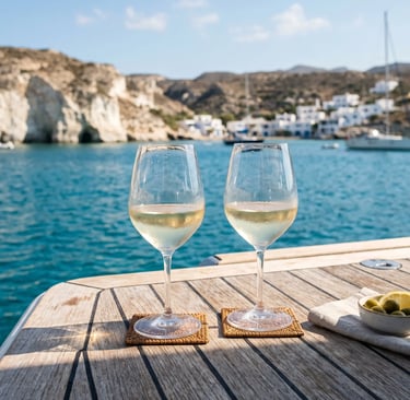 Private sailing yacht with couple on deck returning to Pollonia village at pink sunset, Milos Greece