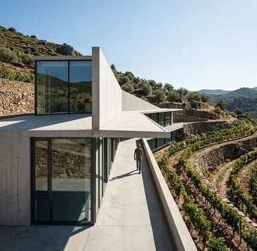 Bodega Perinet concrete winery building with terraced vineyards in Priorat