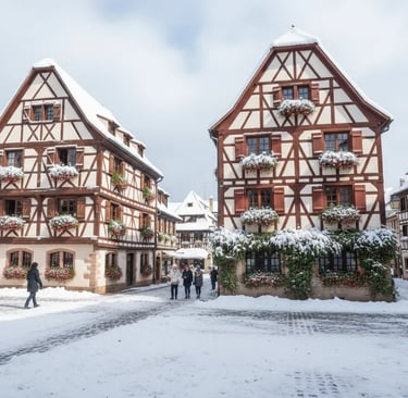 Snow-covered street in Colmar with iconic half-timbered houses, winter decorations, and visitors exp