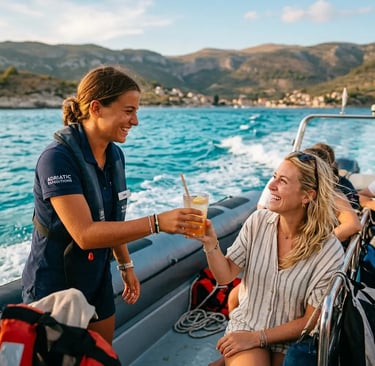 Crew member Mara handing a cold drink to a guest on the Magnific Raptor boat tour