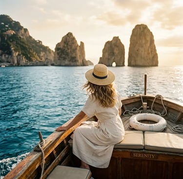 Woman in linen dress on private gozzo bow facing Faraglioni Rocks at sunset, Capri boat tour