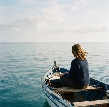 Woman sitting at the bow of a small boat gazing at calm open sea