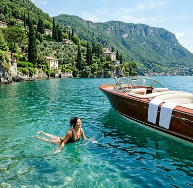 Woman swimming in turquoise water near anchored private luxury boat on Lake Como