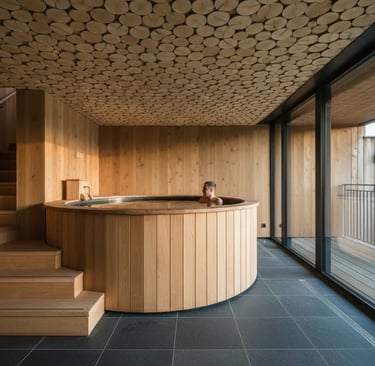 A person relaxing in a round wooden thermal tub under a unique log-tiled ceiling at Aqua Dome, a pre