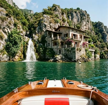 Private Riva wooden boat approaching stone villa with waterfall on Lake Como