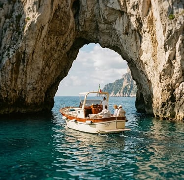 Small wooden Aprea boat passing through Faraglioni rock arch on Capri shared boat tour