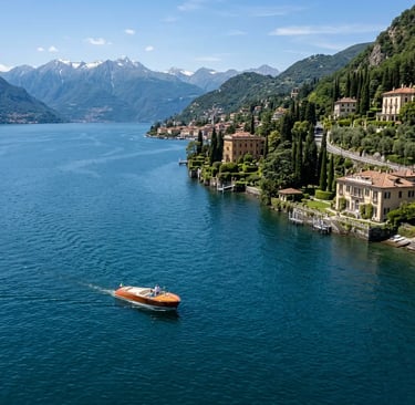 Aerial view of classic wooden boat cruising past Cernobbio villas on Lake Como