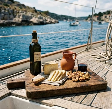 Dalmatian provisions on boat deck with olive oil aged cheese figs and red wine