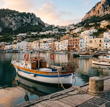 Traditional wooden Caprese gozzo San Gennaro moored at Marina Grande harbor in Capri at sunset