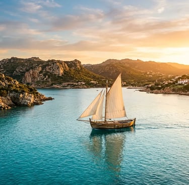 Traditional wooden sailing boat crossing turquoise strait near Sardinia coastline at sunset