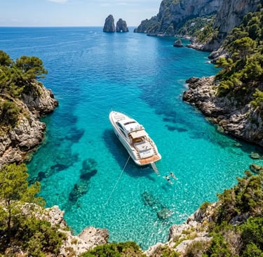 Aerial view of modern yacht anchored in turquoise Capri cove with swimmers and ladder