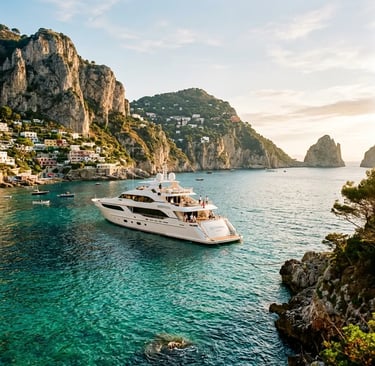 Luxury yacht anchored in turquoise water off Capri with limestone cliffs at golden hour