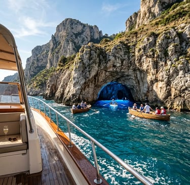 Wooden rowboats entering the Blue Grotto in Capri seen from luxury yacht deck
